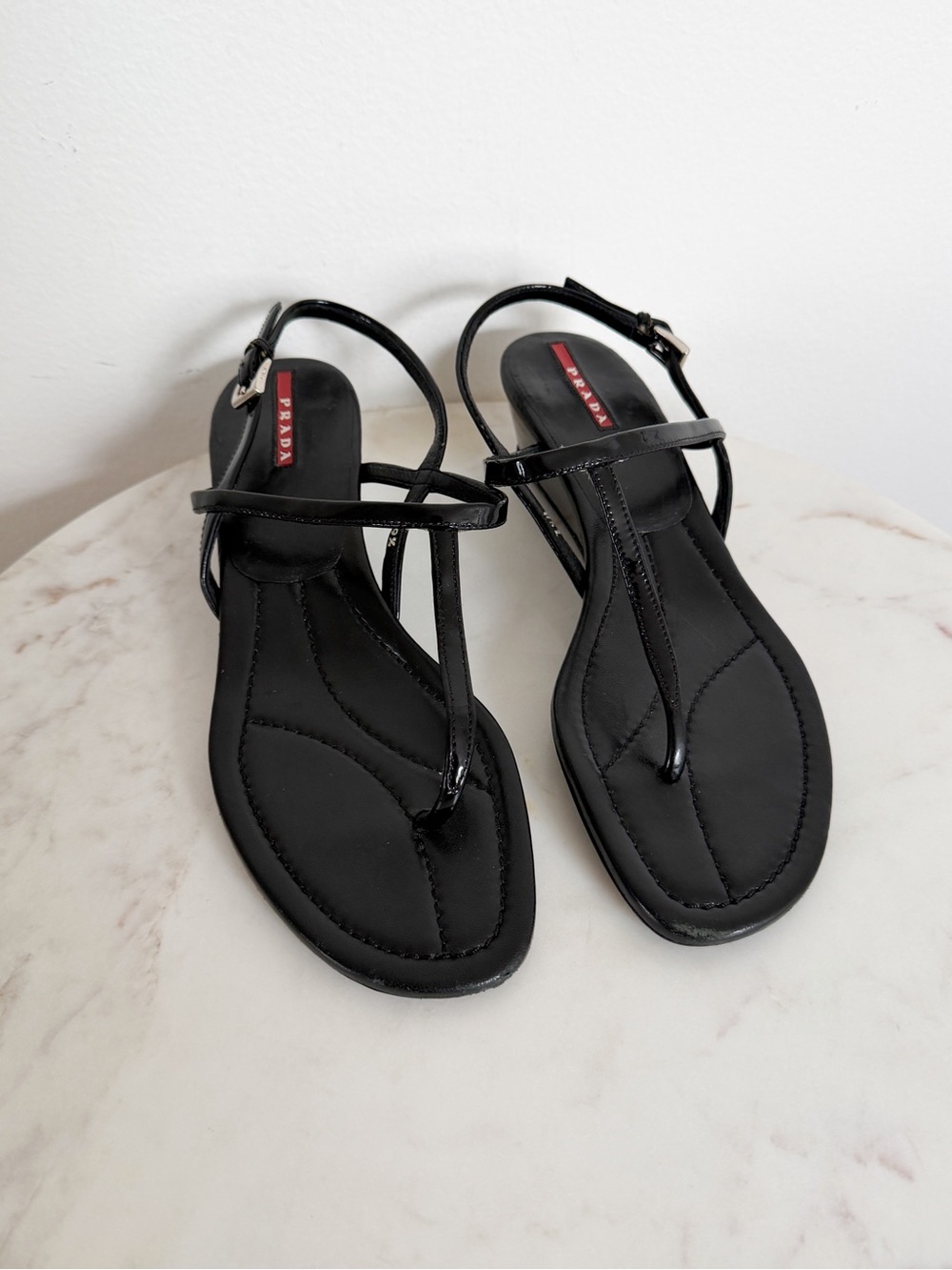 Prada Black Patent Leather Wedge Thong Sandals Size 9.5 US 39.5 IT - Picture 2 of 7